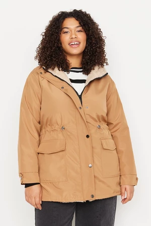 Trendyol Curve Light Brown Hooded Coat with snap fastener detail and pocket inside plush coat