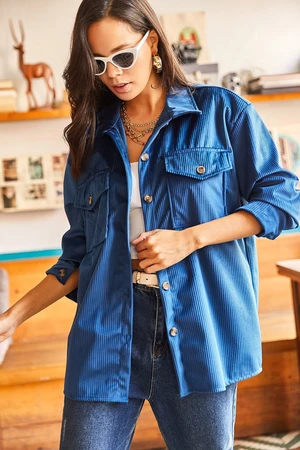 Olalook Women's Indigo Two Pockets Thick Ribbed Corduroy Oversized Shirt