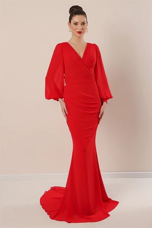 By Saygı Double-breasted Chiffon Long Chiffon Dress Red
