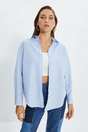 Trendyol Blue Single Pocket Boyfriend/Wide Fit Cotton Woven Shirt