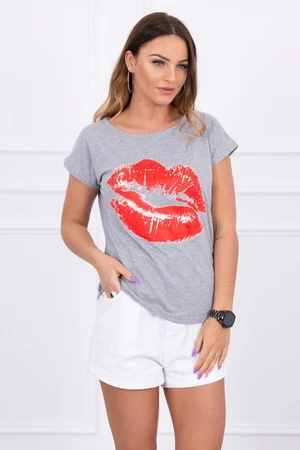 Blouse with grey lip print