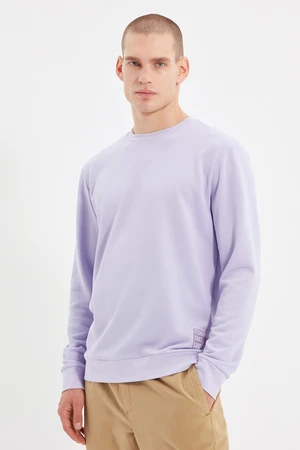 Trendyol Lilac Men's Basic Crew Neck Regular/Real Fit, Slogan Label Cotton Sweatshirt