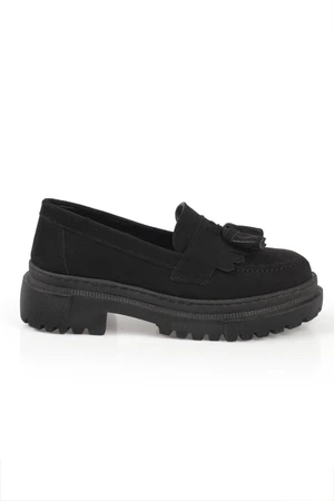 Capone Outfitters Capone Oval Toe Women's Suede Black Loafers with Tassels and Trace Column.
