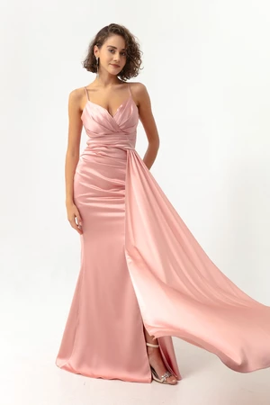 Lafaba Women's Pink Straps Long Satin Evening Dress & Prom Dress