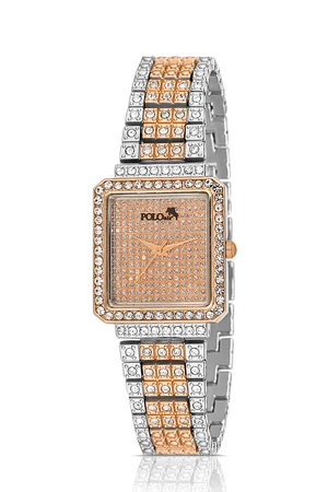 Polo Air Square Vintage Women's Wristwatch with Lots of Stones Silver-Copper Color