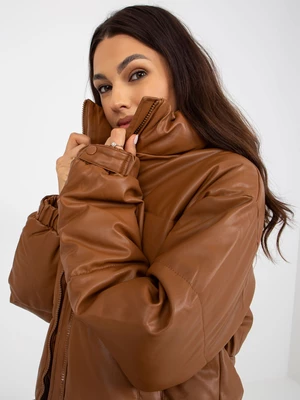 Light brown down jacket made of artificial leather without hood