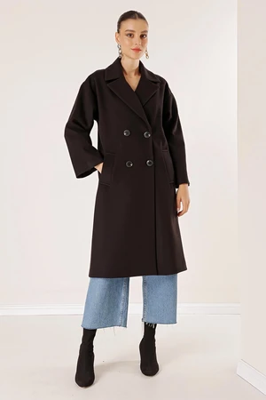 By Saygı Lined Imported Lycra Crepe Cachet Coat with Side Pockets