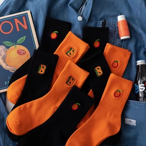 Fashion Orange Fruit Women's Socks Black Orange Casual Street Skateboard Sock For Girl's Harajuku Calcetines
