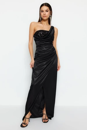 Trendyol Black Knitted Satin Sequined Long Evening Dress