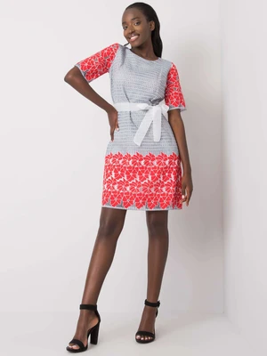 Gray and red patterned dress with belt