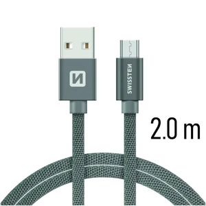 Adatkábel Swissten textilMicro-USB konnektorral és gyorstöltés támogatással 2 m, szürke