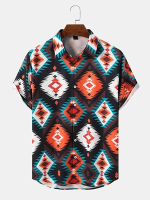 Mens Retro Geometric Print Hem Cuff All Matched Shirts