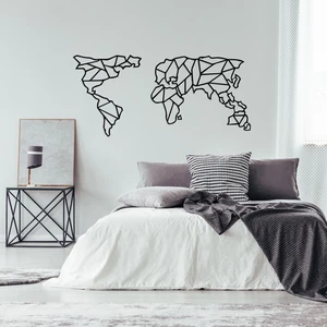 Čierna kovová nástenná dekorácia Geometric World Map, 120 × 58 cm