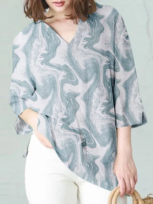 Marble Pattern 3/4 Sleeve V-neck Blouse For Women
