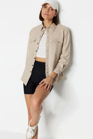 Trendyol Stone Woven Faux Leather Shirt with Double Pockets