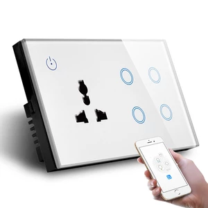 MAKEGOOD 147*86MM UK Standard Combination Switch Touch Glass Panel Smart WIFI 4gang Light Switch and Wall Socket Voice C