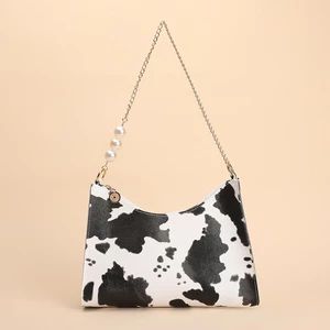 Women Stylish Chain Pearls Decor Exquisite Hardware Cow Pattern Stitch Craft Waterproof Underarm Bag Handbag