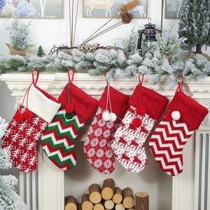 Knitted Christmas Stockings Gift Holders With Two Pom-Poms Xmas Tree Fireplace Hanging Ornaments Chrismas Decorations So