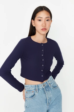 Trendyol Navy Blue Button Detailed Crop Crew Neck Ribbed Stretch Knitted Blouse