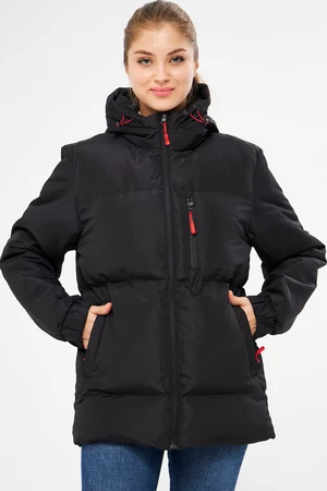 Dámsky čierny vláknový vnútorný vodotesný a vetruvzdorný zimný športový kabát s kapucňou značky River Club