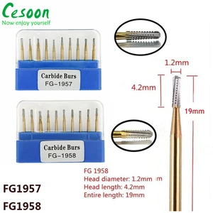 10Pcs/Box Dental Carbide Bur High Speed Tungsten Steel Crown Metal Cutting Burs FG1957/FG1958 Gold-Plated Dentist Lab Materials