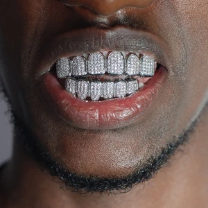 Hip Hop Bling Iced Out CZ Teeth Grillz Caps Set For Men Women Top&Bottom Cubic Zircon Gold Silver Color Tooth Grills Cap Jewelry
