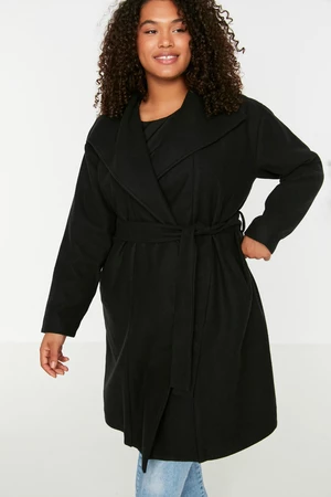 Trendyol Curve Black Belted Wide Collar Oversize Cashmere Coat