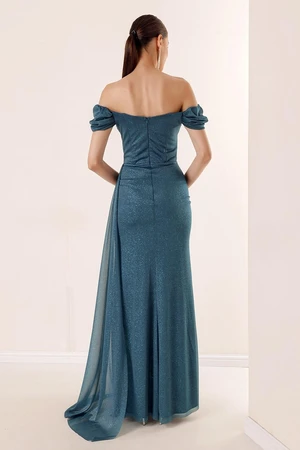 By Saygı Pleated Low Sleeves Lined Glittery Long Dress With Pleats Oil