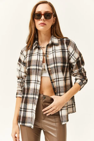 Olalook Women's Ecru Brown Plaid Lumberjack Shirt