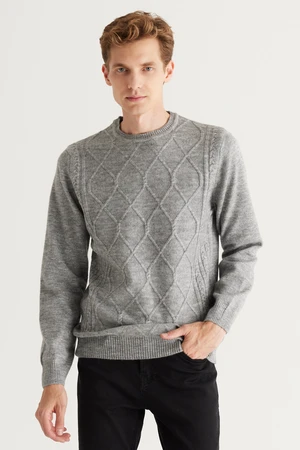 ALTINYILDIZ CLASSICS Men's Gray Melange Standard Fit Regular Cut Crew Neck Ruffled Soft Textured Knitwear Sweater