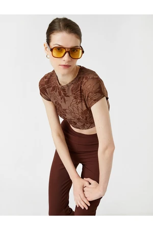 Koton Patterned Crop T-Shirt Short Sleeved Crew Neck