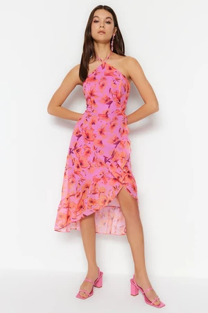 Trendyol Pink Midi Woven Lined Frilly Asymmetric Skirt Floral Pattern Woven Dress