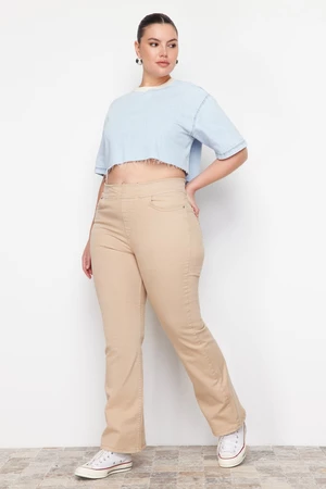Trendyol krivka béžová elastický pás rozšírené džínsy