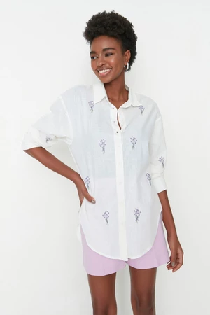 Trendyol Ecru Floral Embroidery Detailed Cotton Oversize Wide Cut Woven Shirt