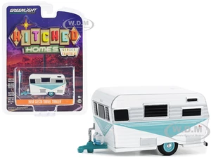 1958 Siesta Travel Trailer White and Teal with Polished Silver Stripes "Hitched Homes" Series 14 1/64 Diecast Model by Greenlight