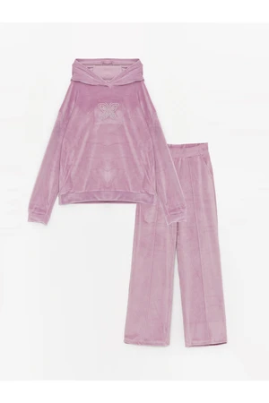 LC Waikiki Girl Kid's Velvet Sweatshirt and Pants with a Hooded Long Sleeve.