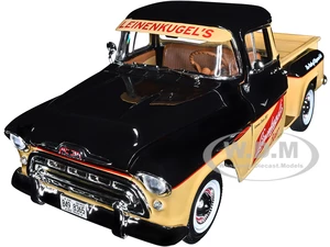 1957 Chevrolet 3100 Stepside Pickup Truck Black and Tan with Graphics "Leinenkugles Beer The Pride of Chippewa Falls" 1/18 Diecast Model by Auto Worl
