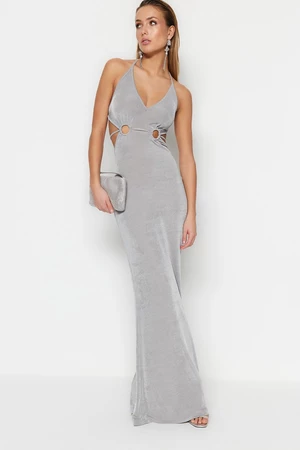 Trendyol Gray Fitted Evening Dress With Knitting Out Detailed and Shimmering