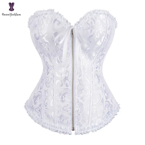 Overbust Corset Zipper Waist Bustier Top Black White Brown Pink Beige Red Blue Elegant Basques Corselet