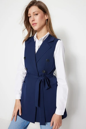 Trendyol Navy Blue Waist Tie Detailed Woven Lined Vest