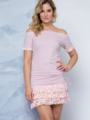 Lemonade dress decorated with carmen neckline and lace frills pink