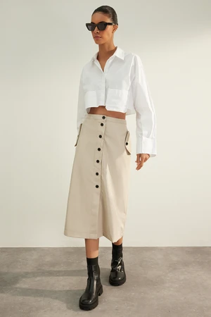 Trendyol Beige Premium High Quality Parachute Fabric Buttoned Pocket Detail Midi Woven Skirt