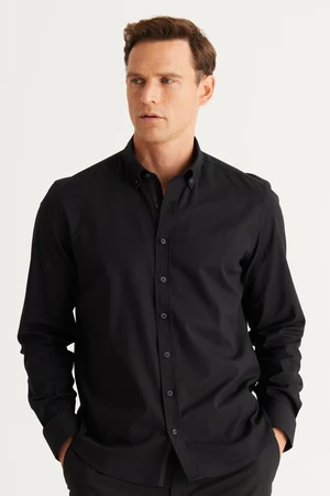 ALTINYILDIZ CLASSICS Men's Black Slim Fit Slim Fit Buttoned Collar Cotton Gabardine Shirt.