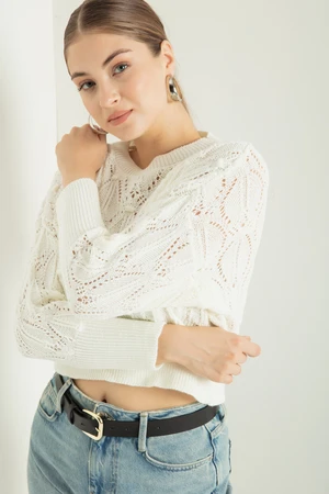 Lafaba Women's White Crew Neck Openwork/Perforated Knitwear Sweater