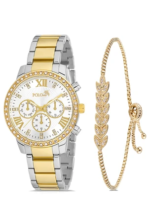 Polo Air Sport Case Women's Wristwatch Zircon Stone Leaf Bracelet Combination Silver-Yellow Color