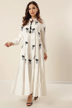 By Saygı Tie-down collar with floral embroidery and elasticated sleeves. Comfortable fit. Long Viscose Dress in Ecru.