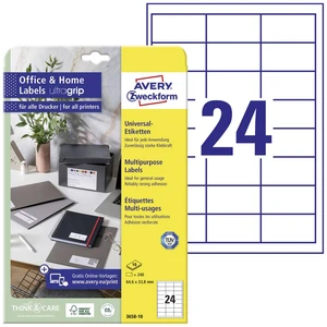 Avery-Zweckform 3658-10 etikety 64.6 x 33.8 mm papier  biela 240 ks permanentné univerzálne etikety atrament, laser, kóp