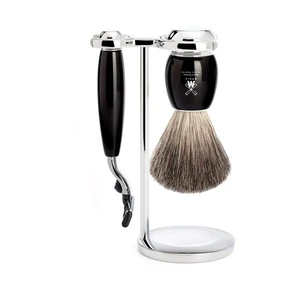 Mühle Zostava na holenie Mühle Vivo - stojan, strojček s hlavicou Mach 3, štetka pure badger - čierna živica
