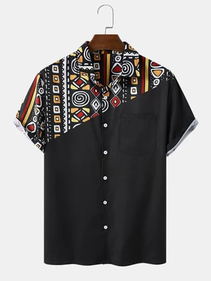 Mens Ethnic Asymmetric Print Buttons Short Sleeve Shirts