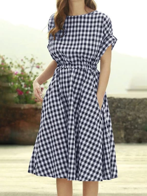 Plaid Pocket Elastic Waist Short Sleeve Casual Midi Dress
